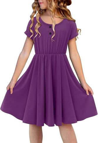 Girls Short Sleeve Dress Casual A Line Button Twirly Skater Dresses 5-14 Years in Saudi Arabia