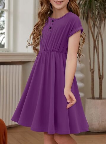 Girls Short Sleeve Dress Casual A Line Button Twirly Skater Dresses 5-14 Years in Saudi Arabia