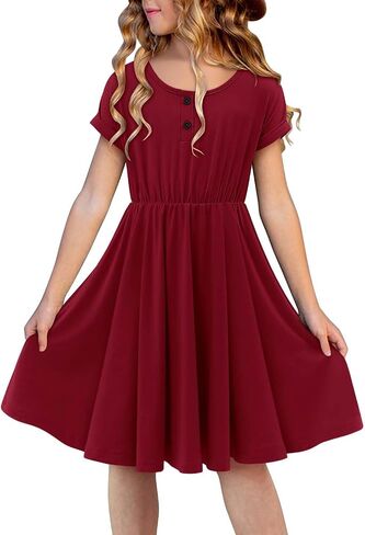 Girls Short Sleeve Dress Casual A Line Button Twirly Skater Dresses 5-14 Years in Saudi Arabia