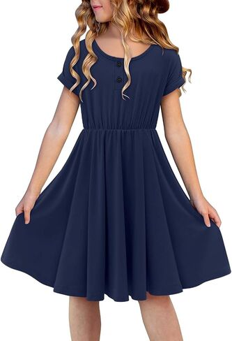 Girls Short Sleeve Dress Casual A Line Button Twirly Skater Dresses 5-14 Years in Saudi Arabia
