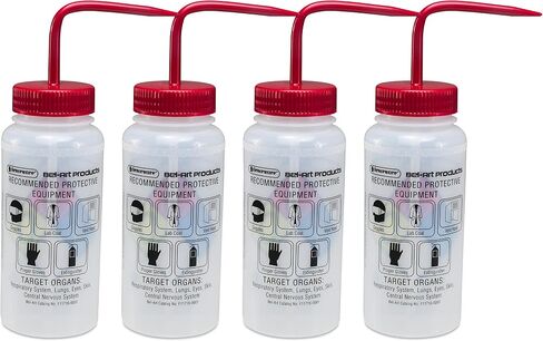 SP Bel-Art Safety-Labeled 4-Color LYOB Wide-Mouth Wash Bottles; 500ml (16oz), Polyethylene w/Natural Polypropylene Cap (Pack of 4) (F11716-0009) in Saudi Arabia