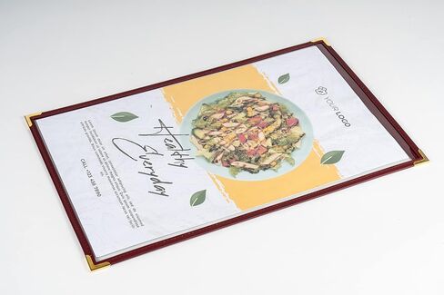 Menu Covers, Single Page, 1 Pocket, 2 View, for 8.5" x 14" Legal Size Paper, Pack of 6, Green Edging + Gold Metal Corner, Made with Leatherette & Vinyl in Kuwait