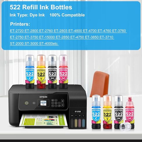زجاجات إعادة تعبئة الحبر 522 T522 سعة 560 مل بديلة لطابعات Ecotank ET-2720 ET-2800 ET-2803 ET-4800 ET-4700 ET-2400 ET-2840 ET-2810، أسود/سماوي/أرجواني/أصفر × 2، 8 عبوات متعددة كومبو تعيين in Kuwait