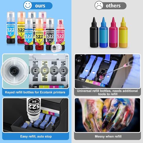 زجاجات إعادة تعبئة الحبر 522 T522 سعة 560 مل بديلة لطابعات Ecotank ET-2720 ET-2800 ET-2803 ET-4800 ET-4700 ET-2400 ET-2840 ET-2810، أسود/سماوي/أرجواني/أصفر × 2، 8 عبوات متعددة كومبو تعيين in Kuwait