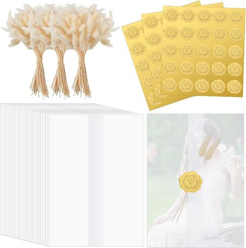 Fabbay Wedding Invitations Wraps Set Includes 50 Vellum Jackets for 5 x 7 Inch Invitations 75 Gold Wax Seal Sticker 100 Natural Dried Bunny Tail Grass for DIY Wedding Birthday Invitations Cards in Saudi Arabia
