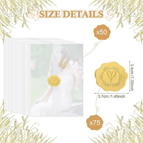 Fabbay Wedding Invitations Wraps Set Includes 50 Vellum Jackets for 5 x 7 Inch Invitations 75 Gold Wax Seal Sticker 100 Natural Dried Bunny Tail Grass for DIY Wedding Birthday Invitations Cards in Saudi Arabia