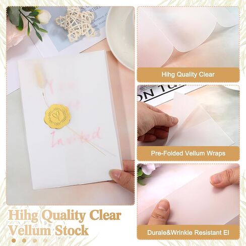 Fabbay Wedding Invitations Wraps Set Includes 50 Vellum Jackets for 5 x 7 Inch Invitations 75 Gold Wax Seal Sticker 100 Natural Dried Bunny Tail Grass for DIY Wedding Birthday Invitations Cards in Saudi Arabia