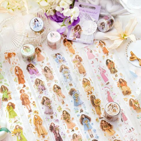 مجموعة شريط واشي 8 لفات، ملصقات زهور للفتيات، شريط PET عتيق مقاوم للماء وشريط واشي عريض، ملصقات مخططة جمالية ذاتية الصنع لمستلزمات سجل القصاصات اليدوية، شريط واشي لطيف للتدوين in Kuwait