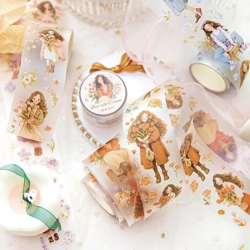 مجموعة شريط واشي 8 لفات، ملصقات زهور للفتيات، شريط PET عتيق مقاوم للماء وشريط واشي عريض، ملصقات مخططة جمالية ذاتية الصنع لمستلزمات سجل القصاصات اليدوية، شريط واشي لطيف للتدوين in Kuwait