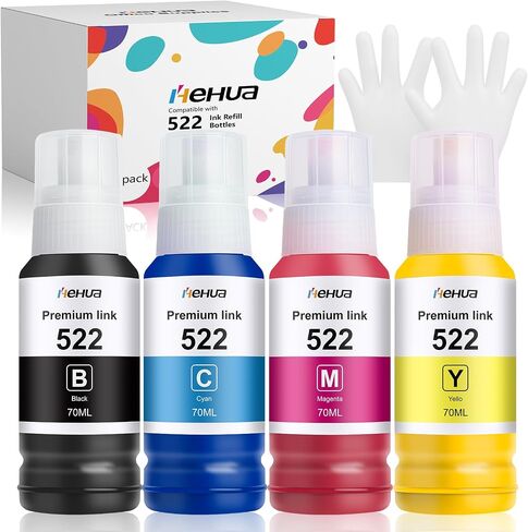 مجموعة زجاجات حبر إعادة التعبئة عالية السعة Hehua 522 متوافقة مع زجاجات إعادة تعبئة الحبر T522 (ليس حبر التسامي) تستخدم لطابعات ET-2710 ET-2720 ET-2800 ET-2803 ET-2810 ET-2820 ET-4700 ET-4800، 4 عبوات in Kuwait