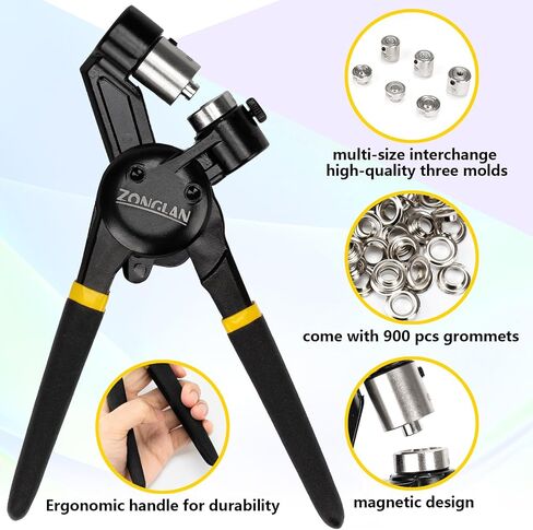 Heavy Duty Grommet Tool Kit of 1/2" 5/16" and 3/8",Multi Size Handheld Eyelet Tool Plier Rivet Press with 900 pcs Silver Grommets for Tarp Leather Fabric in Saudi Arabia