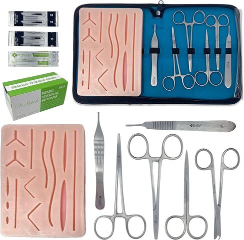 مجموعة تدريبات الخياطة لطلاب الطب - تتضمن مجموعة أدوات الخياطة مجموعة أدوات، ووسادة خياطة كبيرة من السيليكون مع جروح مقطوعة مسبقًا، وخيوط خياطة مختلطة مع إبر (مجموعة أدوات تدريب مكونة من 43 قطعة) in Kuwait