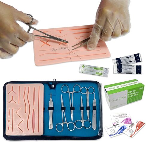 مجموعة تدريبات الخياطة لطلاب الطب - تتضمن مجموعة أدوات الخياطة مجموعة أدوات، ووسادة خياطة كبيرة من السيليكون مع جروح مقطوعة مسبقًا، وخيوط خياطة مختلطة مع إبر (مجموعة أدوات تدريب مكونة من 43 قطعة) in Kuwait