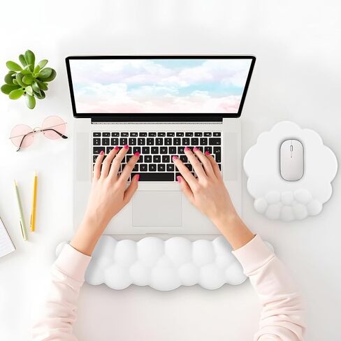 Ergonomic Mouse Pad with Wrist Rest and Cloud Keyboard Wrist Rest, Gel Mousepad and Wrist Rest for Computer Keyboard, Pain Relief, Non-Slip PU Base, Mouse and Keyboard Pad for Gaming, Office, White in Kuwait