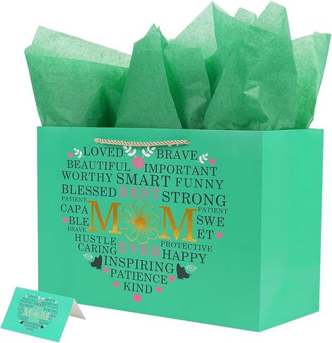 Large Gift Bag with Wrapping Tissue for Mother Day 12.6" Flower Heart - Best Mom in Saudi Arabia