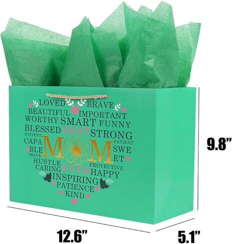 Large Gift Bag with Wrapping Tissue for Mother Day 12.6" Flower Heart - Best Mom in Saudi Arabia
