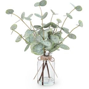 Artificial Eucalyptus Stems in Glass Vase with Faux Water, 13.5" Fake Plants for Home Decor, Coffee Table Centerpieces, Office, Bathroom & Farmhouse Weddings - Faux Greenery Plants Decorations in Saudi Arabia