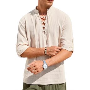 Men's Summer T-Shirt V-Neck Drawstring Tied Collar Long Sleeve Fashionable Men's Clothing Mens Beach Holiday Top in Saudi Arabia