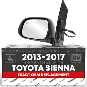 Driver Side Mirror Replacement - Compatible with 2013-2017 Toyota Sienna - Powered Adjustment, Heated, Manual Fold, Flat Glass - Smooth Black, 6H6P - OEM 87940-08113, TO1320301 in Kuwait