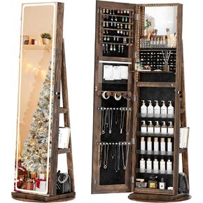 Nunu Lab Mirror Jewelry Cabinlet يقف مع 6 LEDs مرآة مدمجة ، منظم مجوهرات قابل للقفل مع مرآة ودرج 360 درجة بطول كامل ، مجوهرات مع 3 أرفف تخزين ، أبيض in Kuwait