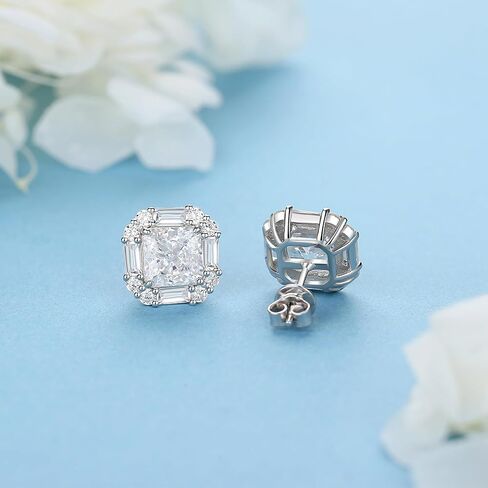 925 Sterling Silver Diamond Earrings for Women,Sqare 4CT/Pair 7MM*7MM Lab Simulation Diamond Stud Earrings Hypoallergenic Perfect Jewelry Gifts in Saudi Arabia