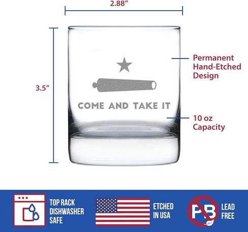 Come and Take It Texas Flag Whiskey Rocks Glass Gift for Men & Women - 10.25 oz Glassware - Barware Decor for Texans in Saudi Arabia