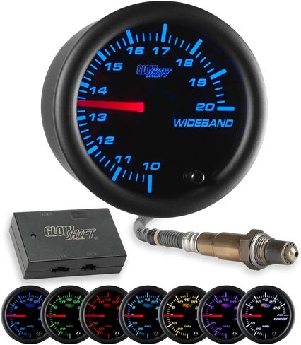 GlowShift Black 7 Color Enalog Edele Handband Air/Fuel Gauge AFR - يشمل مستشعر الأكسجين ، إخراج تسجيل البيانات واللحام - الاتصال الأسود - عدسة واضحة - 2-1/16 "52 مم in Saudi Arabia