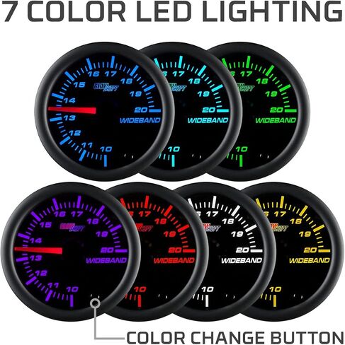 GlowShift Black 7 Color Enalog Edele Handband Air/Fuel Gauge AFR - يشمل مستشعر الأكسجين ، إخراج تسجيل البيانات واللحام - الاتصال الأسود - عدسة واضحة - 2-1/16 "52 مم in Saudi Arabia