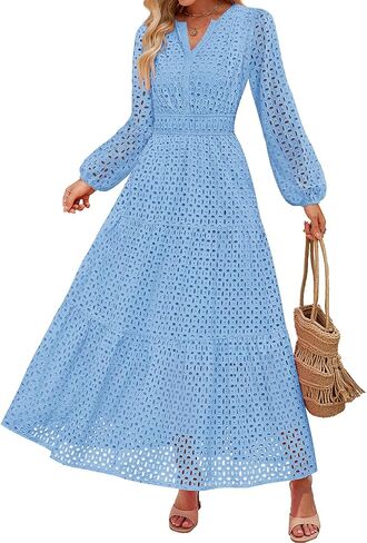 Zesica للسيدات 2025 خريف الأكمام الطويلة Maxi Dress V v Neck Hollow Out Eyelet A LING LING SPIRY DASALY Party Dresses in Saudi Arabia