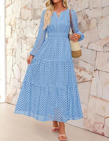 Zesica للسيدات 2025 خريف الأكمام الطويلة Maxi Dress V v Neck Hollow Out Eyelet A LING LING SPIRY DASALY Party Dresses in Saudi Arabia