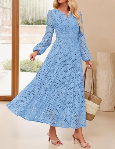 Zesica للسيدات 2025 خريف الأكمام الطويلة Maxi Dress V v Neck Hollow Out Eyelet A LING LING SPIRY DASALY Party Dresses in Saudi Arabia