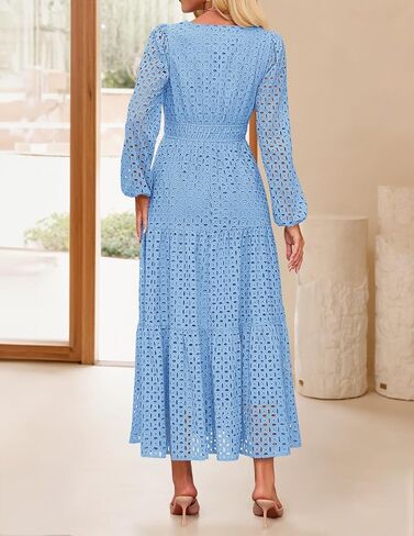 Zesica للسيدات 2025 خريف الأكمام الطويلة Maxi Dress V v Neck Hollow Out Eyelet A LING LING SPIRY DASALY Party Dresses in Saudi Arabia