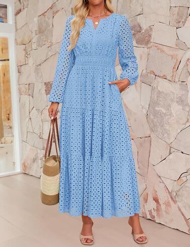 Zesica للسيدات 2025 خريف الأكمام الطويلة Maxi Dress V v Neck Hollow Out Eyelet A LING LING SPIRY DASALY Party Dresses in Saudi Arabia