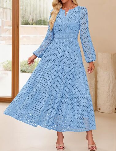 Zesica للسيدات 2025 خريف الأكمام الطويلة Maxi Dress V v Neck Hollow Out Eyelet A LING LING SPIRY DASALY Party Dresses in Saudi Arabia