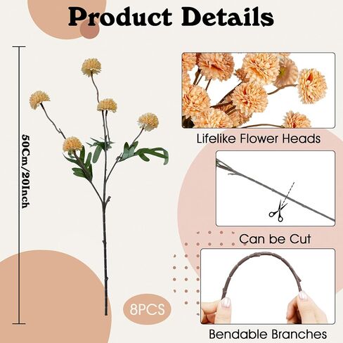 Fake White Kiku Flowers for Home, Artificial Fake Pompon Mums Flowers Plants Indoor Outdoors, 8Pcs Faux Silk Chrysanthemum Mum Balls Flowers Bouquet for Coffee Table, Floral Weeding Arrangements Decor in Saudi Arabia