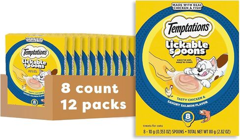 Temptations Lickable Spoons Adult Wet Cat Treat, Tasty Chicken and Cheesy Cheese Flavor, 10 Grams, Pack of 24 (96 Total Treats) in Saudi Arabia