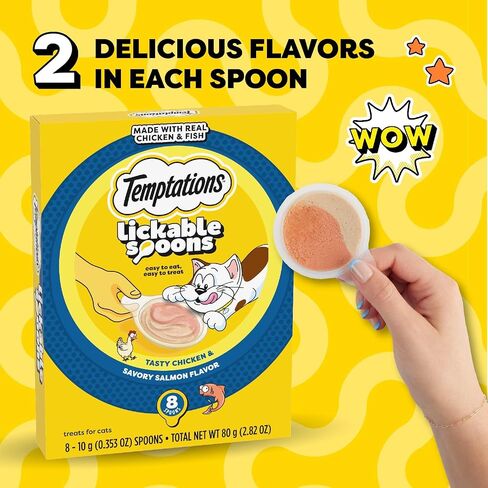 Temptations Lickable Spoons Adult Wet Cat Treat, Tasty Chicken and Cheesy Cheese Flavor, 10 Grams, Pack of 24 (96 Total Treats) in Saudi Arabia