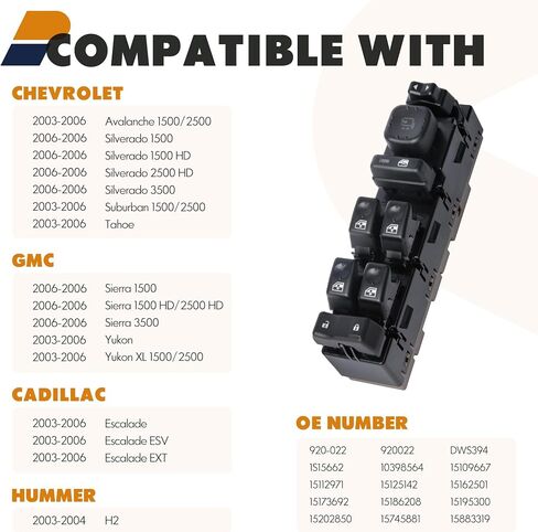 15883320 Front Driver Side Door Lock and Power Window Switch with Mirror Switch and Module Fit for 2003-2007 Cadillac Escalade Chevrolet Avalanche Silverado Suburban Tahoe GMC Yukon Sierra,920-020 in Saudi Arabia