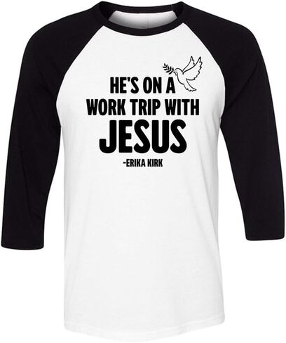 Hes On A Work Trip with Jesus Erika Kirk Three-Quarter Raglan Sleeve Baseball Shirt Unisex in Kuwait