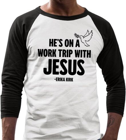 Hes On A Work Trip with Jesus Erika Kirk Three-Quarter Raglan Sleeve Baseball Shirt Unisex in Kuwait
