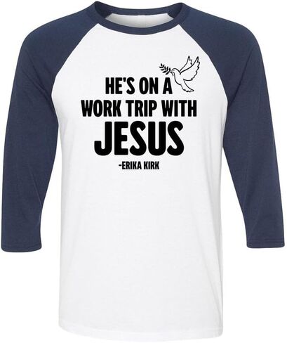 Hes On A Work Trip with Jesus Erika Kirk Three-Quarter Raglan Sleeve Baseball Shirt Unisex in Kuwait