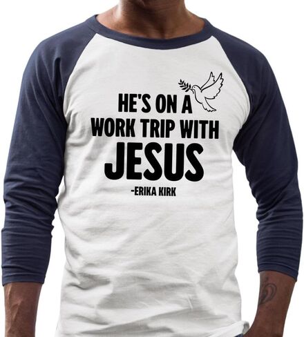 Hes On A Work Trip with Jesus Erika Kirk Three-Quarter Raglan Sleeve Baseball Shirt Unisex in Kuwait