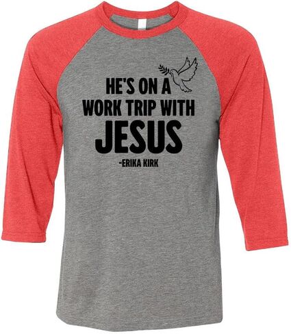 Hes On A Work Trip with Jesus Erika Kirk Three-Quarter Raglan Sleeve Baseball Shirt Unisex in Kuwait