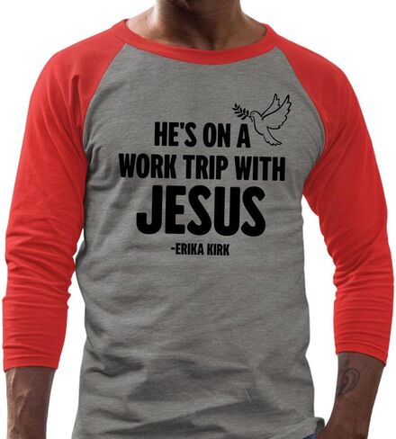 Hes On A Work Trip with Jesus Erika Kirk Three-Quarter Raglan Sleeve Baseball Shirt Unisex in Kuwait