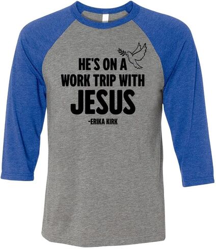 Hes On A Work Trip with Jesus Erika Kirk Three-Quarter Raglan Sleeve Baseball Shirt Unisex in Kuwait