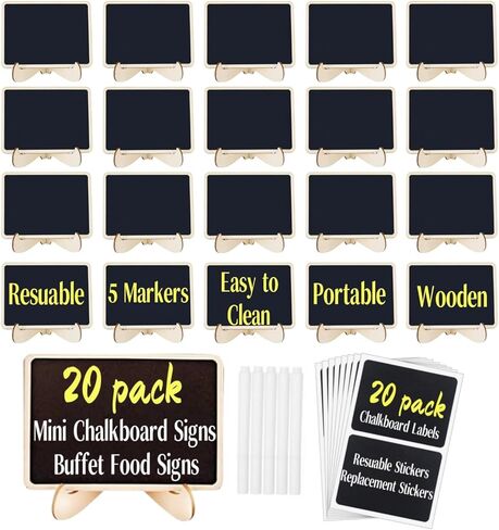 20 حزمة Mini Chalkboard Signs مع Stake Stand ، وعلامات الطعام الخشبية القابلة لإعادة الاستخدام لبوفيه الحفلات ، وملصقات السبورة لحفل الزفاف ، وأرقام الطاولة ، وبطاقات مكان العلامات (5 علامات و 20 ملصقًا) in Kuwait
