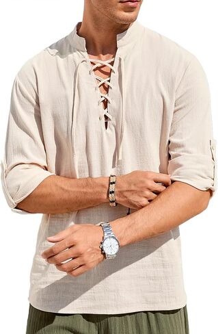 Men's Summer T-Shirt V-Neck Drawstring Tied Collar Long Sleeve Fashionable Men's Clothing Mens Beach Holiday Top in Saudi Arabia