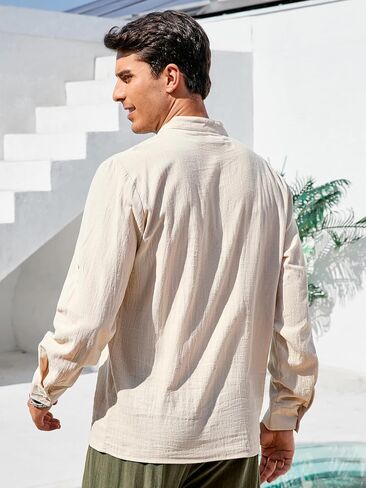 Men's Summer T-Shirt V-Neck Drawstring Tied Collar Long Sleeve Fashionable Men's Clothing Mens Beach Holiday Top in Saudi Arabia