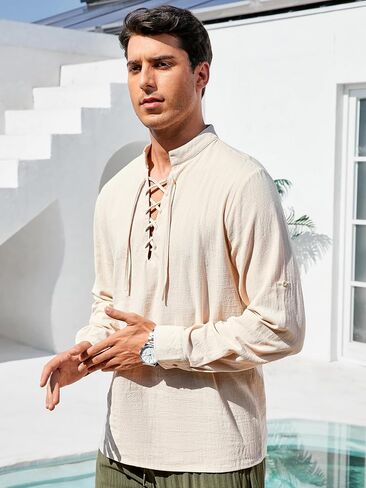 Men's Summer T-Shirt V-Neck Drawstring Tied Collar Long Sleeve Fashionable Men's Clothing Mens Beach Holiday Top in Saudi Arabia