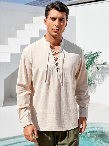 Men's Summer T-Shirt V-Neck Drawstring Tied Collar Long Sleeve Fashionable Men's Clothing Mens Beach Holiday Top in Saudi Arabia